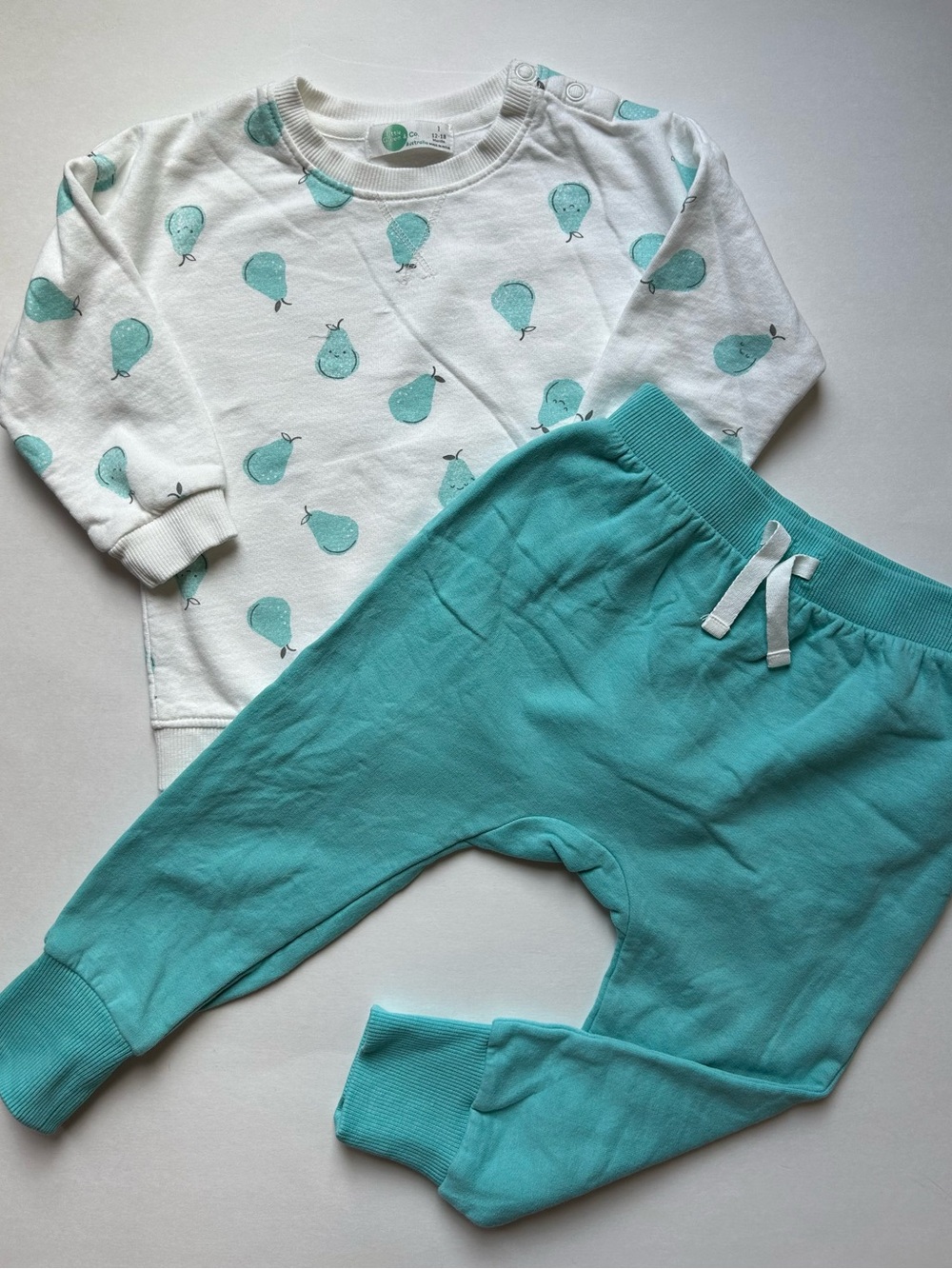 Little Green + Co Kids Teal Cotton Jogger Pants and Crew Set - White & Teal